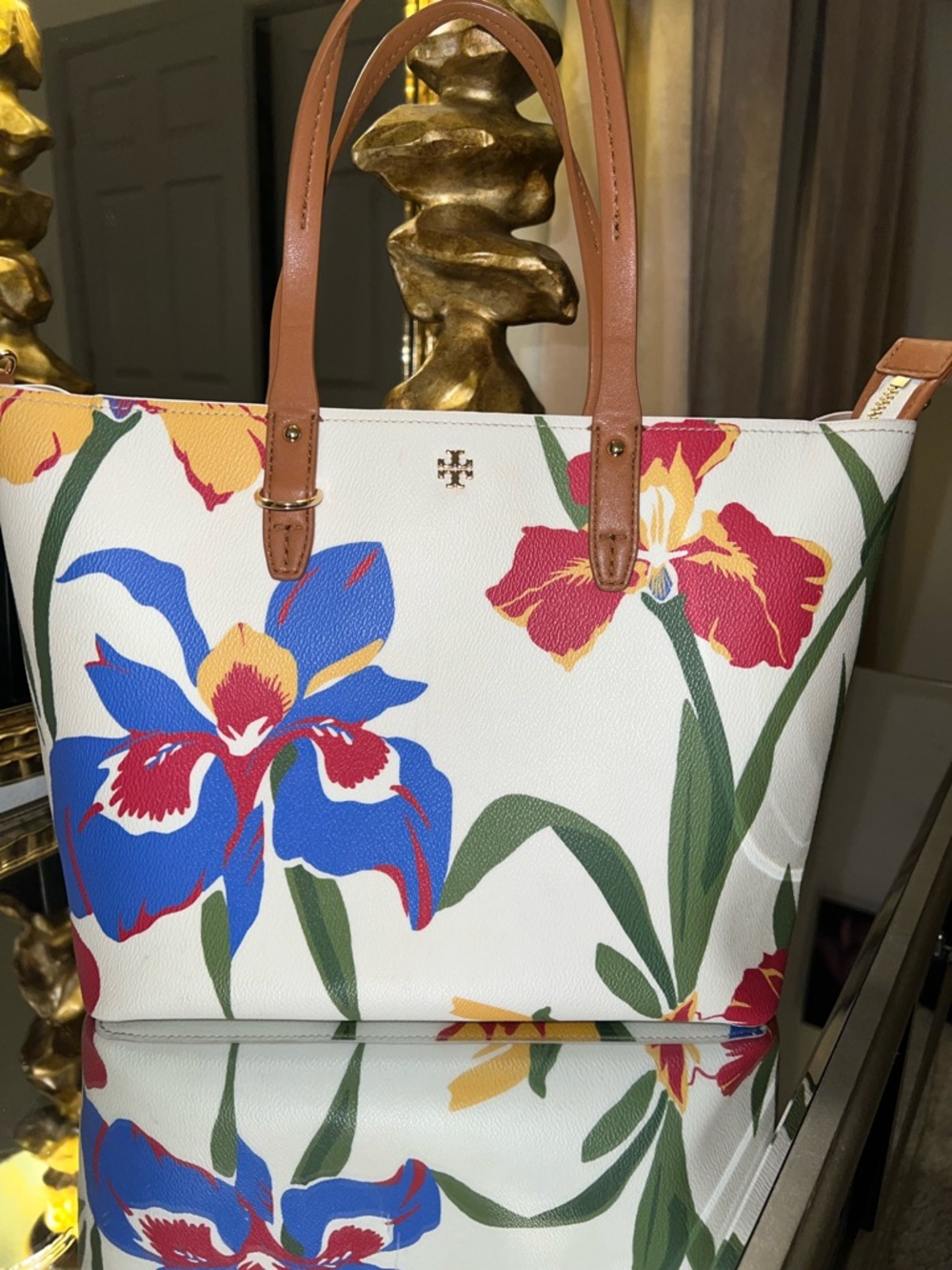 Tory Burch White Floral Leather Tote with Brown Handles and Multicolor Blooms